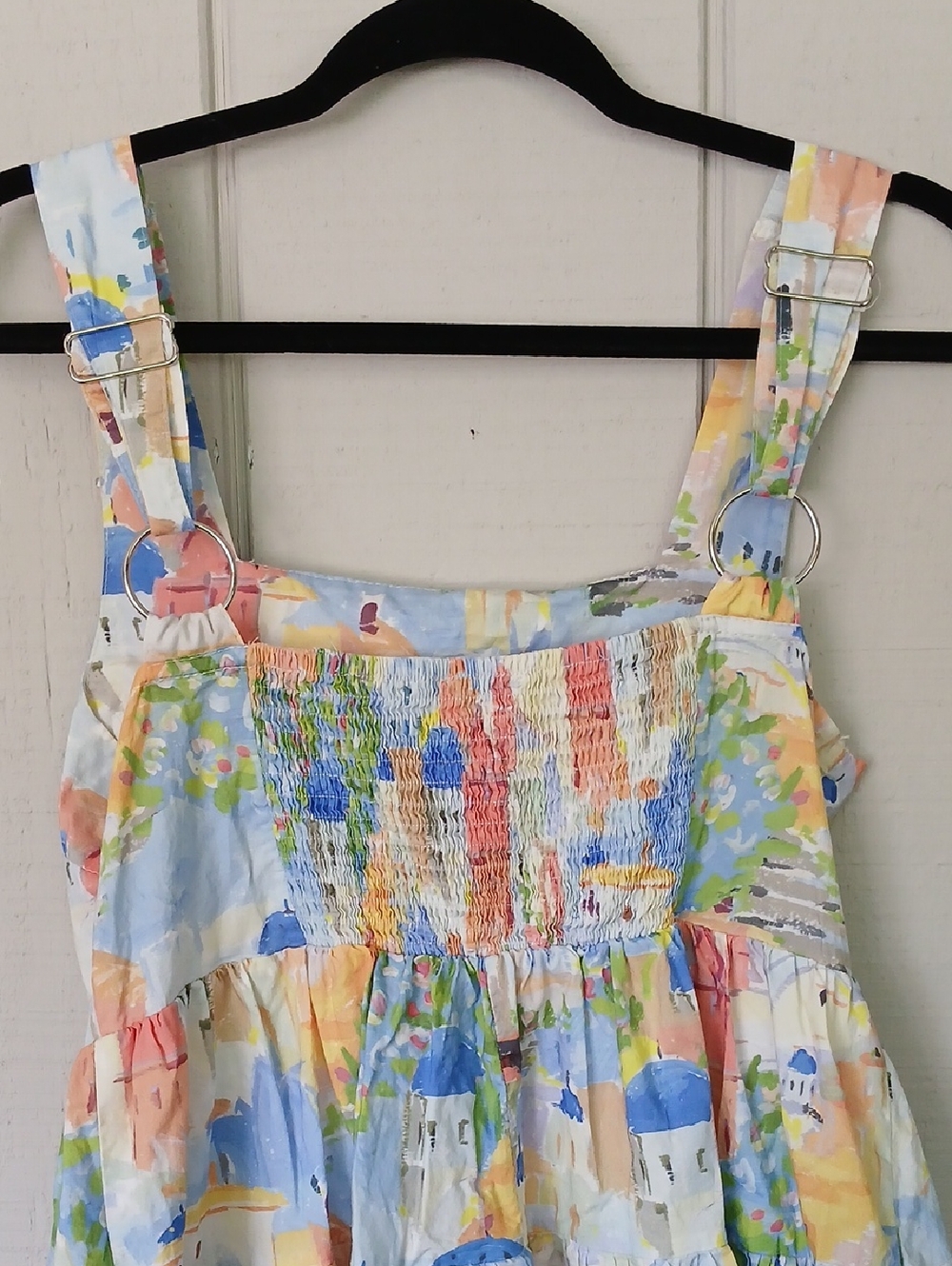 Entro Watercolor Village Tiered Mini Babydoll Dress Square Neck Size Small - Picture 9 of 10